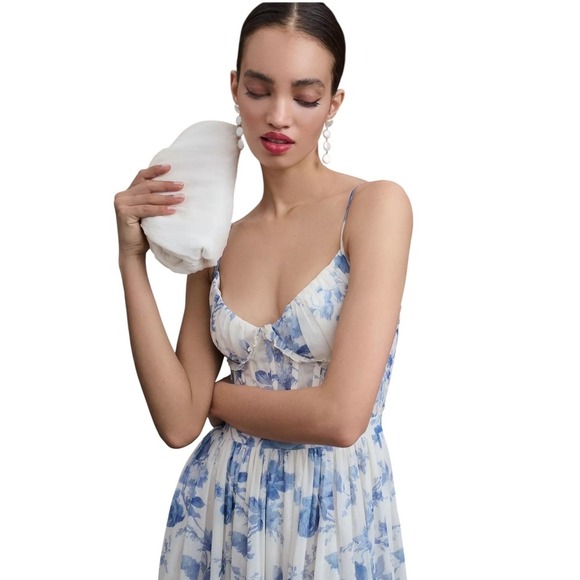 V. Chapman Corset Front-Slit Ruffled Gown – Provencal Blue Floral, Size 12 - Picture 3 of 11